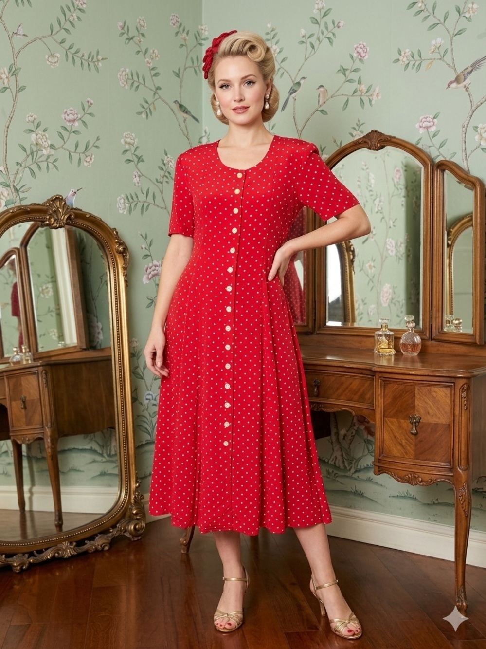 Vintage Pin up Style Polka Dot Midi Dress Red White Button Front Rayon Sz 8 EUC